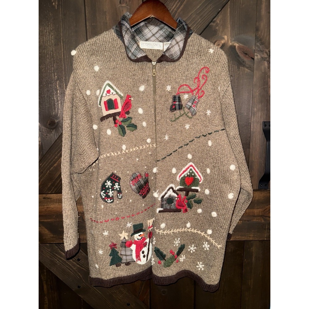 VTG Victoria‎ Jones Women's 1X Christmas Snowman Sweater Full Zip Grandma